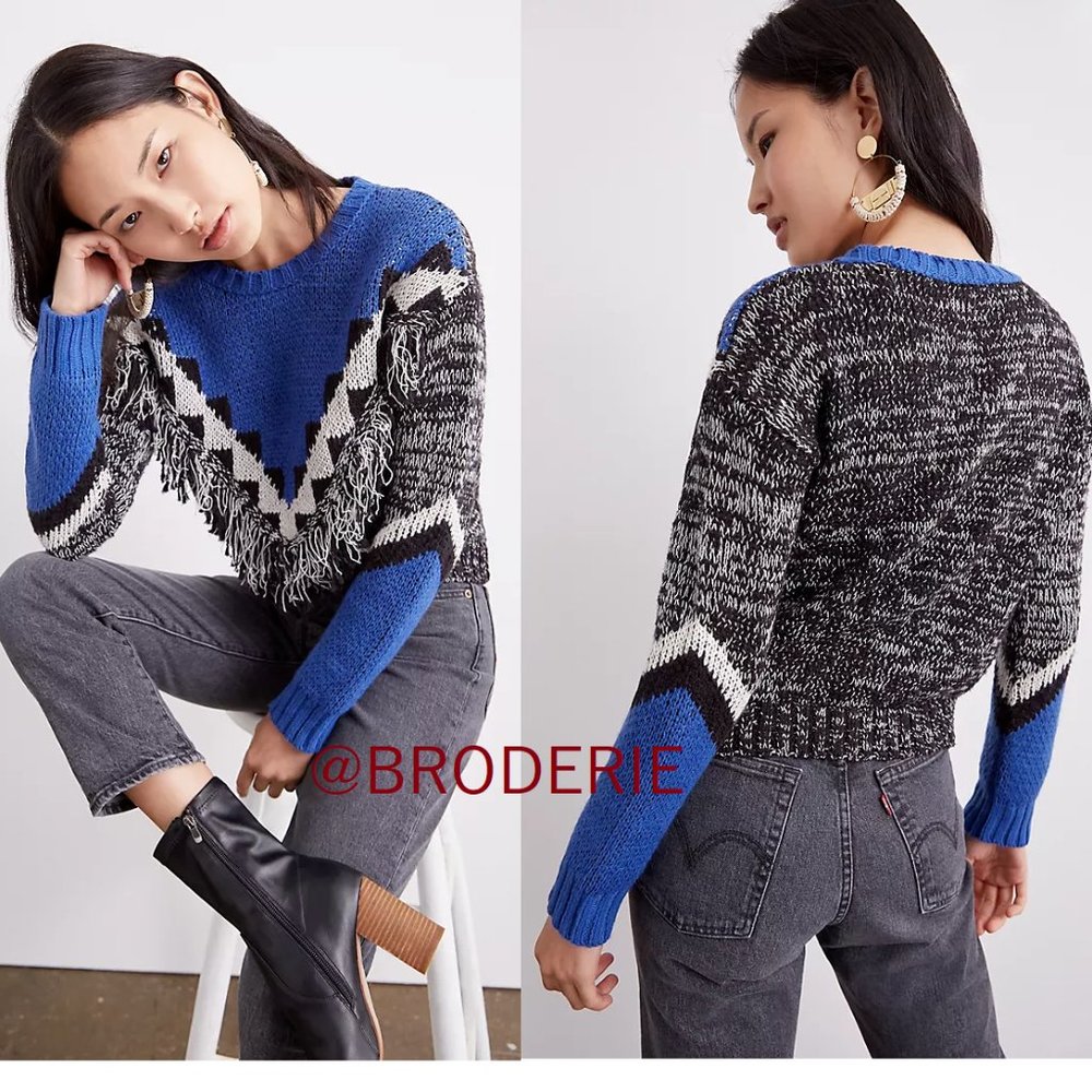 Anthropologie Blue and Black V-Neck Sweater